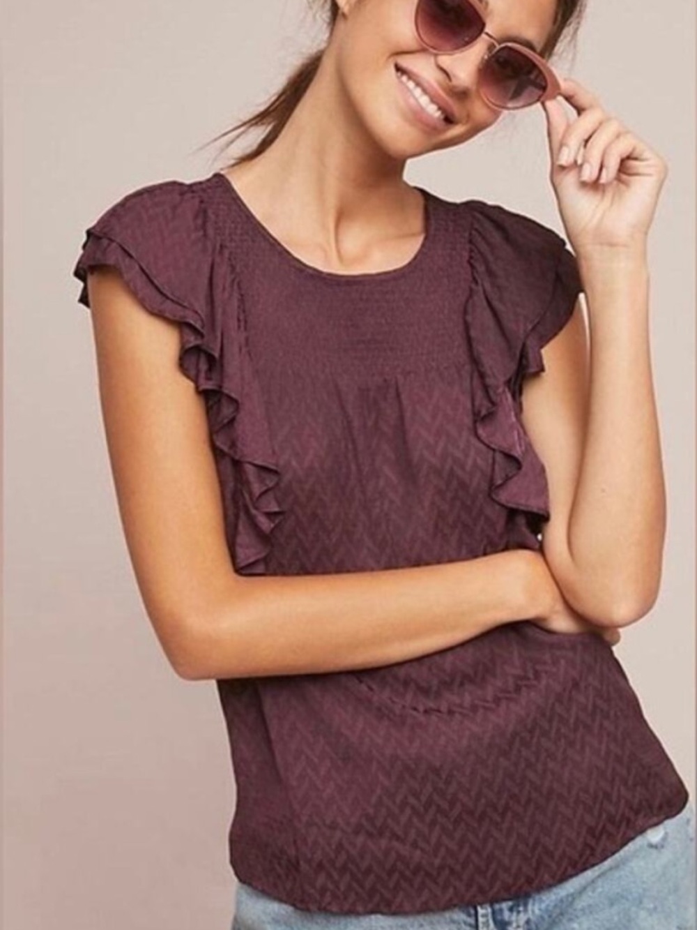 Anthropologie Meadow Rue Majolica Burgundy Plum Satin Flutter Sleeve Top 00P